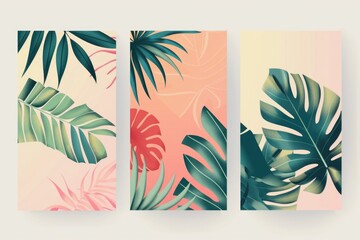 Three colorful banners featuring tropical leaves for decoration or branding purposes