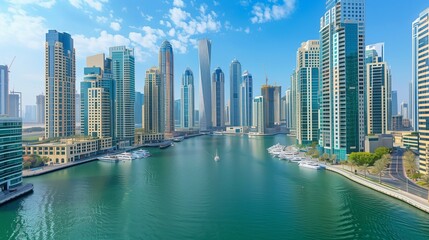 Naklejka premium Captivating Modern Cityscape with Waterfront Marina and High-Rise Buildings Under Clear Blue Sky Photograph