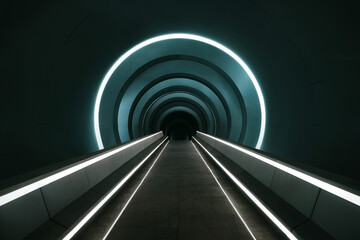 Obraz premium A modern, elongated corridor with a series of concentric circular arches illuminated in a cool blue hue.