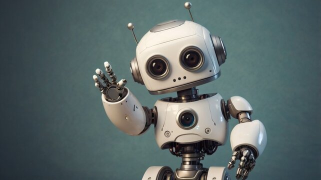 Cute modern artificial intelligence technology robot, waving its hand greeting hello, wallpaper background 