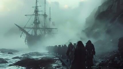 The sky is overcast and the atmosphere is dark and mysterious