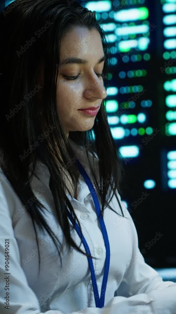 Poster vertical video computer scientist overseeing data center, making improvements and updates to ensure 