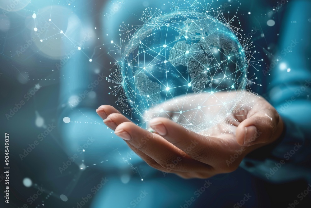 Poster hand holding a transparent sphere with glowing ai network, symbolizing control and connectivity in d