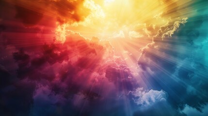 Colorful sky with sun rays piercing through clouds, creating a heavenly atmosphere of hope