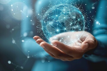 Hand holding a transparent sphere with glowing AI network, symbolizing control and connectivity in digital age.