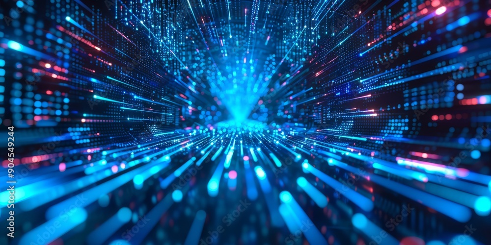 Poster explore the dynamic and futuristic data flow with digital network lights in motion