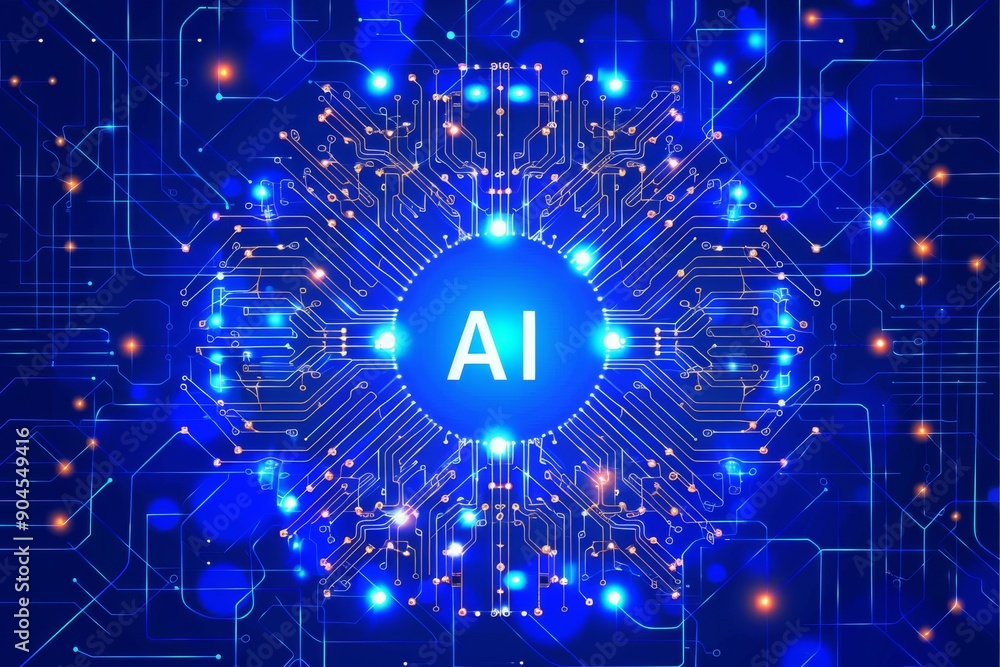 Poster blue ai network expanding in cyber space, highlighting complex data interactions and technological c