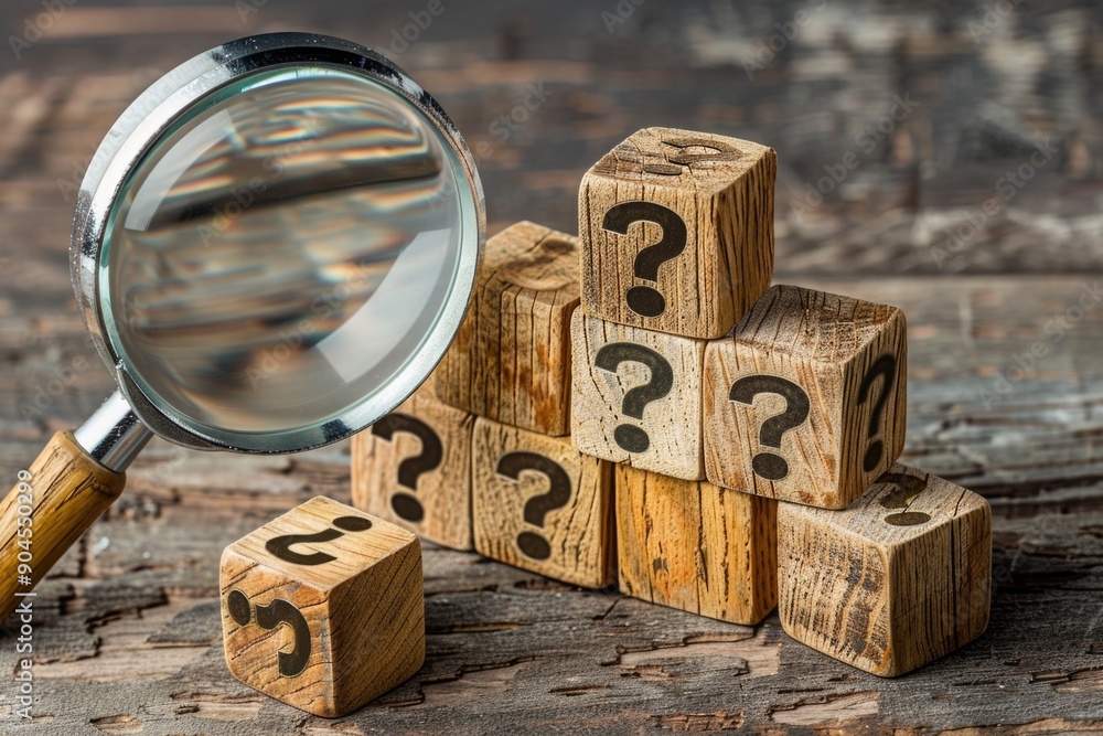 Aufkleber a close-up shot of a magnifying glass examining a pile of wooden blocks