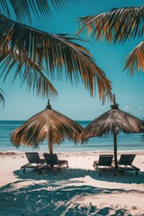Fototapeta premium Two lounge chairs and umbrellas on a sunny beach