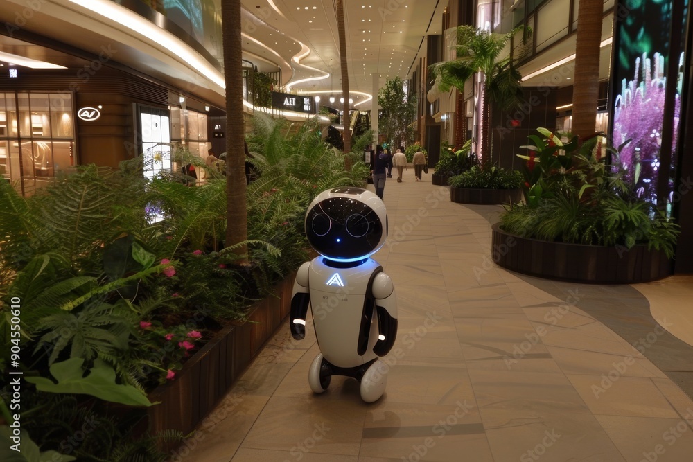 Poster ai security bot patrolling a mall, highlighting the integration of robotics in public safety and sur