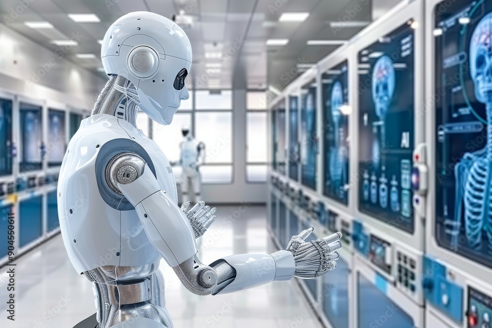 Poster ai service robot in a shopping center, redefining customer service with robotic assistance and inter