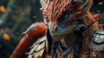 Obraz premium A dragon with red scales and a blue eye stands in front of a fire