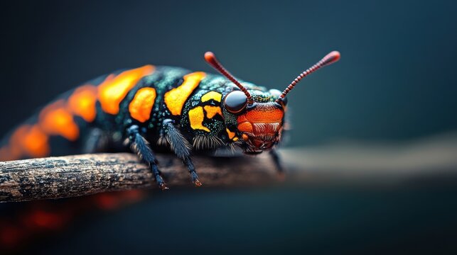 A close-up, ultrahigh definition macro shot of a vibrant caterpillar is skin, showcasing its intricate patterns and vivid colors with extraordinary detail