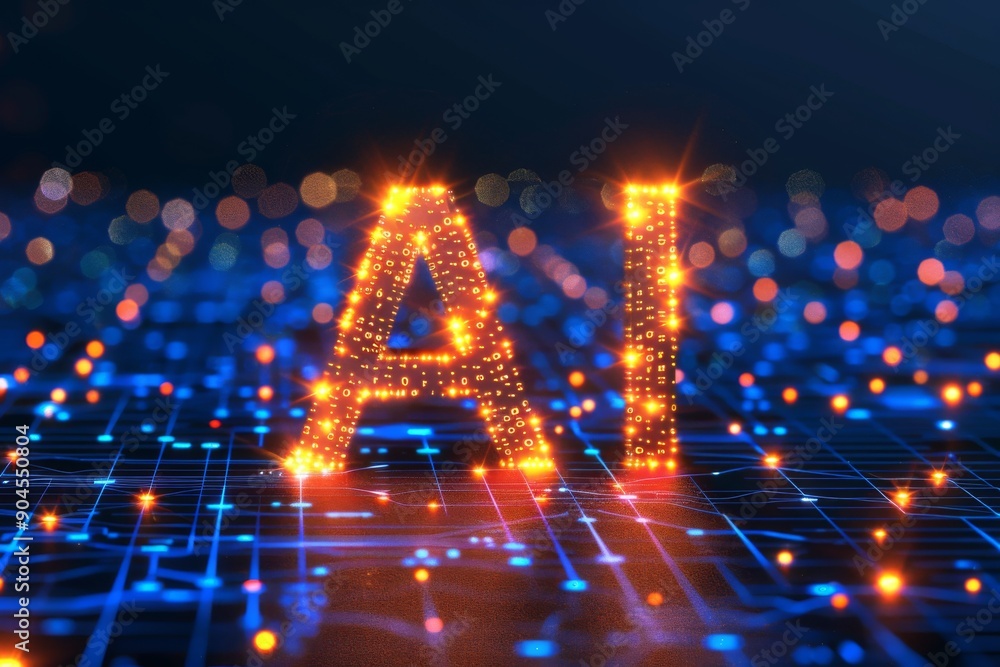 Poster ai illuminated letters against a rustic outdoor background, merging the old with the new in technolo