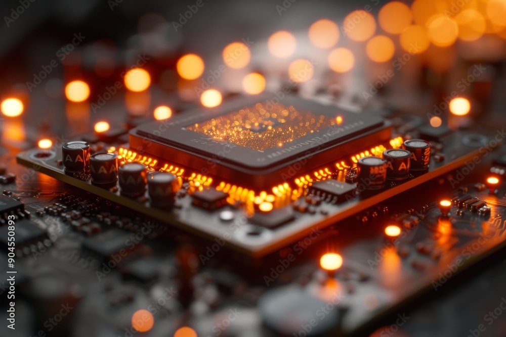 Poster advanced ai chip in focus within an industrial setting, emphasizing the fusion of technology and man