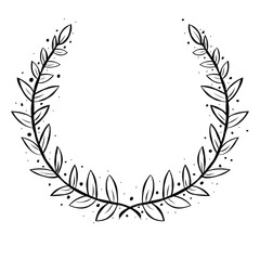 Black circular Hand draw foliate laurels branches. Laurel wreath. Vintage laurel, Heraldic trophy crest, Greek olive branch award, winner round emblem