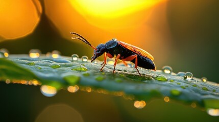 An ultra-detailed image of an insect surrounded by dewdrops on a leaf, highlighting the morning light reflecting off the water and emphasizing the textures of the leaf and the insect is exoskeleton