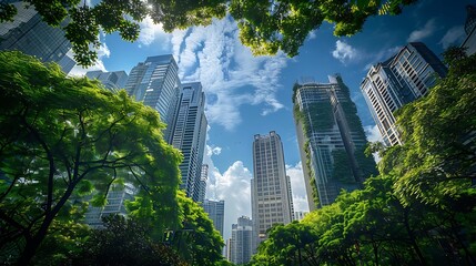 Obraz premium Economic Progress and Environmental Preservation: Financial District with Greenery