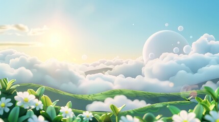 Obraz premium Enchanting Sunrise Over Dreamy Cloudscape with Blossoming Flowers - Peaceful Illustration for Fantasy Wallpaper and Nature Artwork