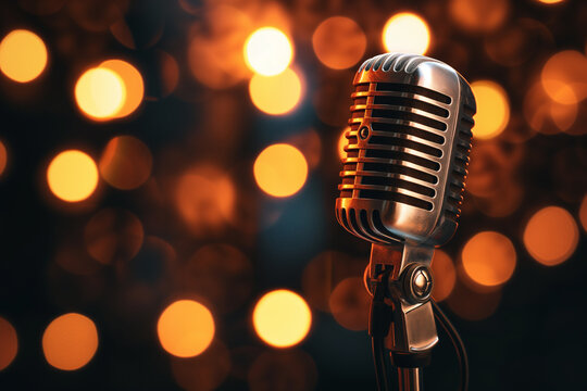 a microphone is sitting in front of a blurred background of lights
