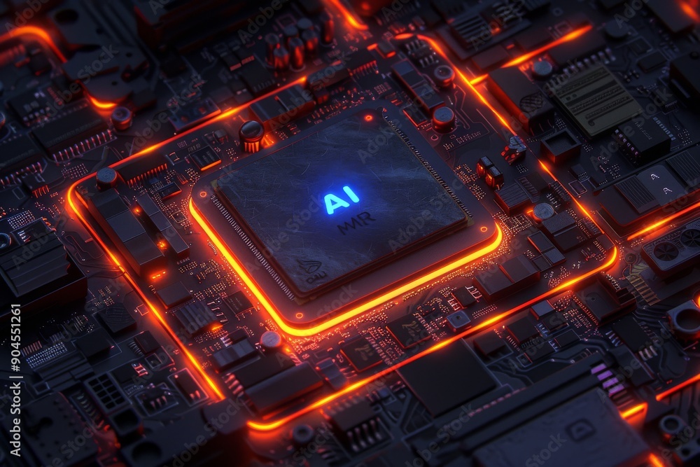 Poster glowing ai microchip on a motherboard, showcasing the pulsating heart of modern digital technology.