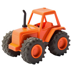 Obraz premium Bright orange plastic tractor toy on a transparent background, isolated, perfect for children's playtime and learning.