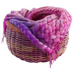 Fototapeta premium Vibrant woven basket with pink and purple woolen blanket, isolated on a transparent background, cozy decor concept.