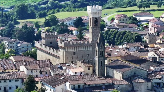 Aerial view of the village of Scarperia and the palace of the Vicars. Sacrperia is known as the land of knives. Scarperia and San Piero, Florence province.