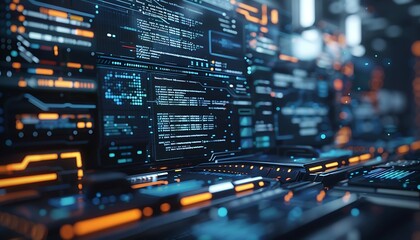 Obraz premium Closeup Futuristic Software Interface: Holographic Code and Digital Elements