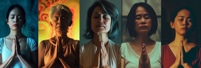 Collage of diverse people praying at studio background