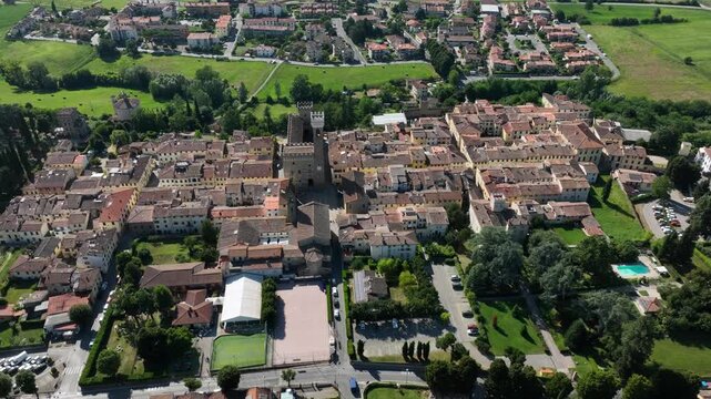 Aerial view of the village of Scarperia and the palace of the Vicars. Sacrperia is known as the land of knives. Scarperia and San Piero, Florence province.
