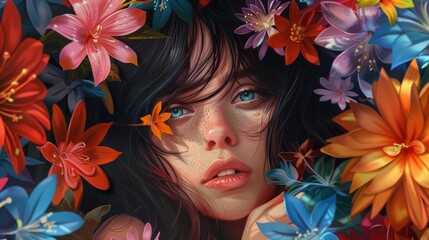 Naklejka premium illustration of woman among flowers generative ai