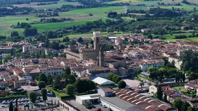 Aerial view of the village of Scarperia and the palace of the Vicars. Sacrperia is known as the land of knives. Scarperia and San Piero, Florence province.