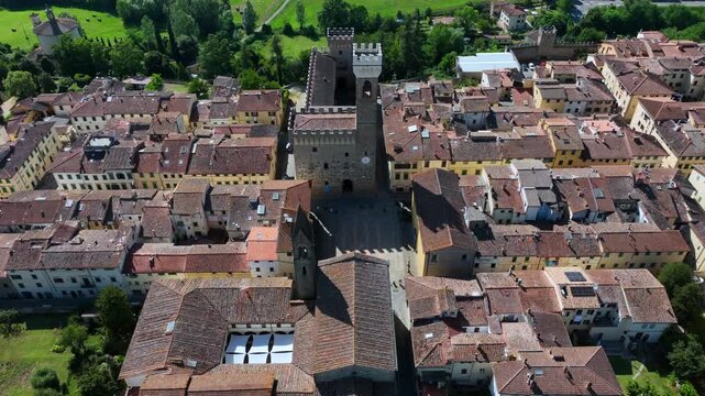 Aerial view of the village of Scarperia and the palace of the Vicars. Sacrperia is known as the land of knives. Scarperia and San Piero, Florence province.