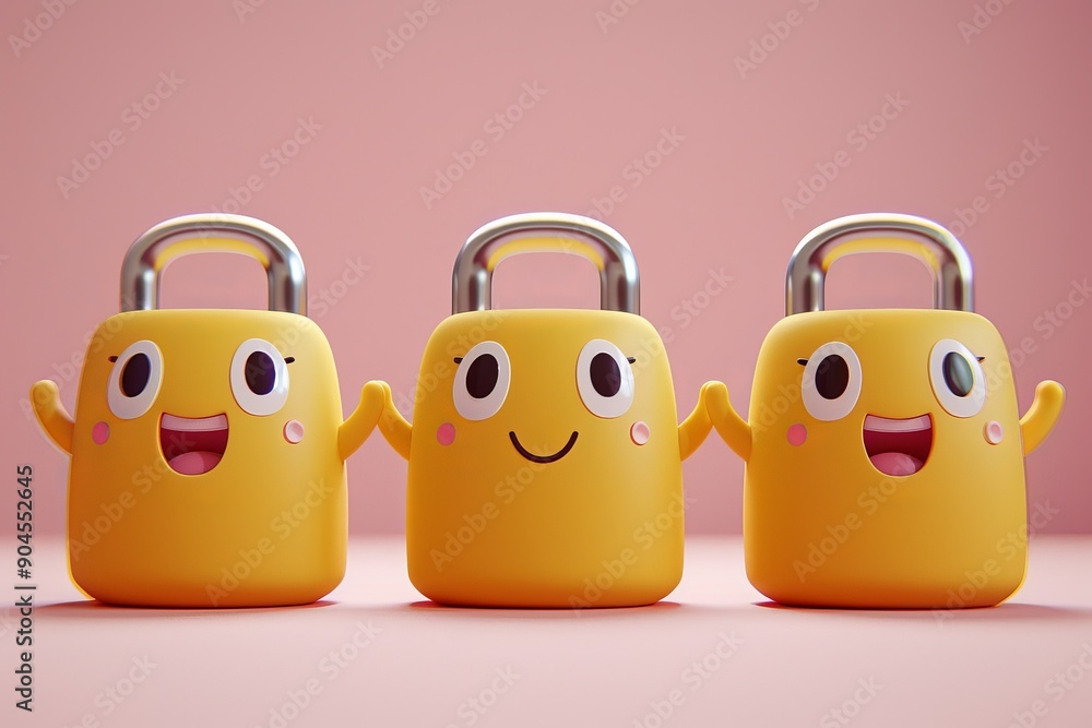 Poster row of happy yellow padlocks on a pink background, representing accessible and user-friendly cyberse