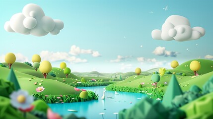 Naklejka premium Whimsical 3D Illustration of a Serene Countryside Landscape with Rolling Hills, Trees, and a Tranquil River