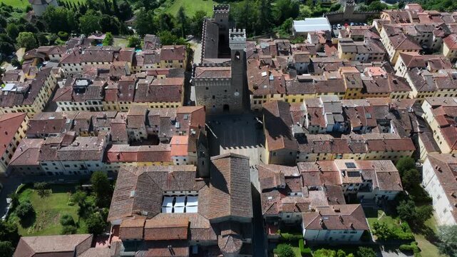 Aerial view of the village of Scarperia and the palace of the Vicars. Sacrperia is known as the land of knives. Scarperia and San Piero, Florence province.