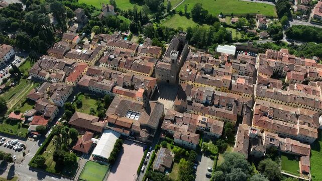 Aerial view of the village of Scarperia and the palace of the Vicars. Sacrperia is known as the land of knives. Scarperia and San Piero, Florence province.