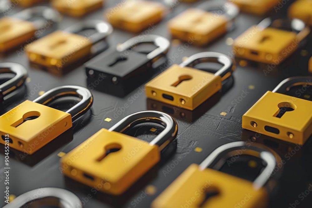 Poster grid of golden padlocks, emphasizing a standardized approach to robust digital security systems.