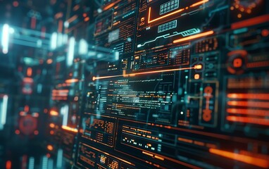 Fototapeta premium Software Developer's Screen: Intricate Coding with Cyber Elements and Floating Data Panels
