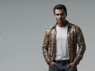 Obraz premium Man in Snakeskin Jacket and Simple, Comfortable Clothing on White Background, Stylish Men's Fashion Portrait
