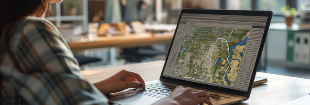 Woman working with cadastral map on laptop at table in office