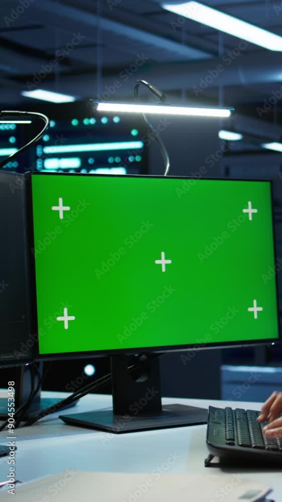Poster vertical video admin in data center using mockup pc to design, implement and manage gear, ensuring o
