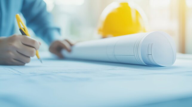Engineer reviewing blueprints for a sustainable energy project