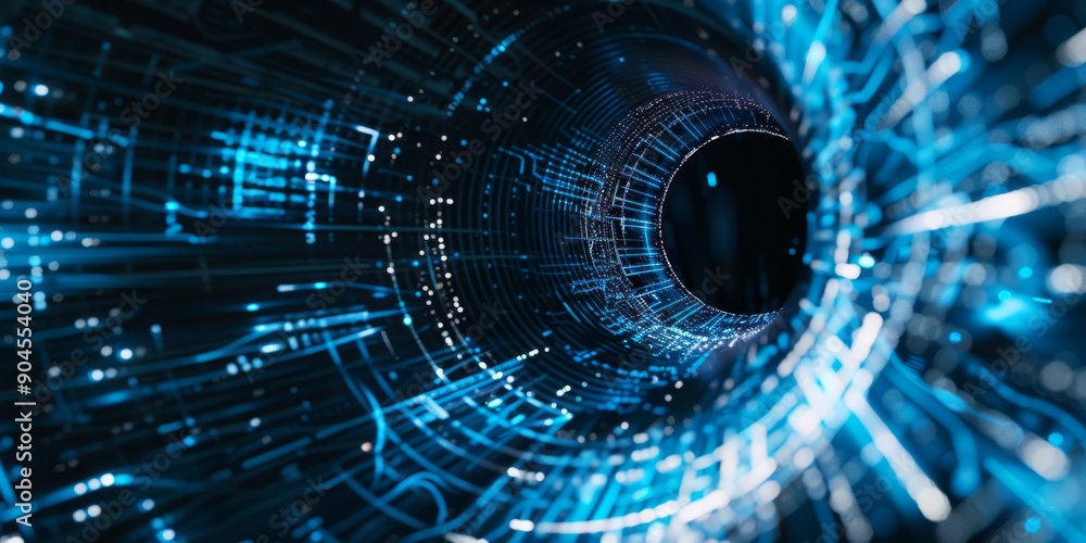 Poster digital vortex with blue codes, data, and advanced technology in a dynamic simulation