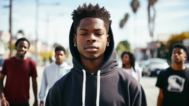 Young black man serious face on Los Angeles street