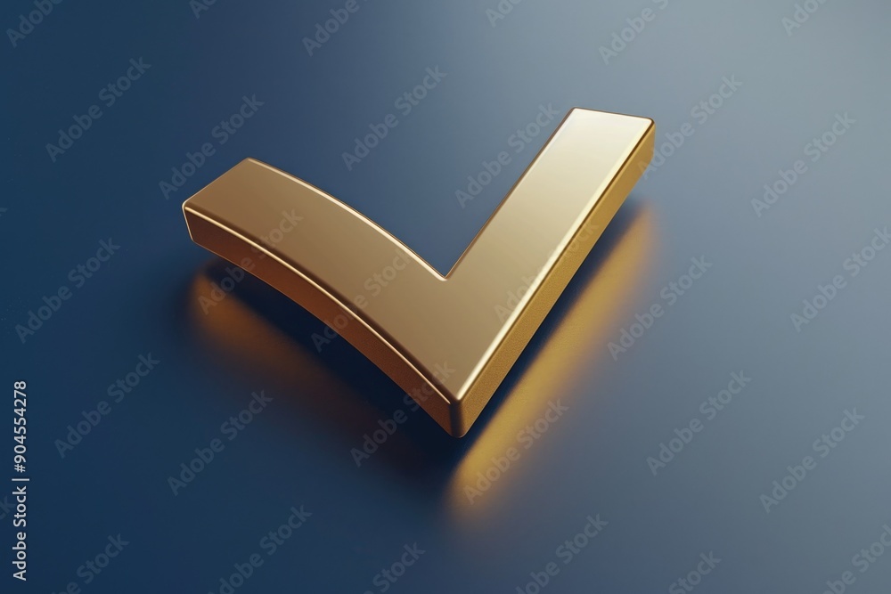 Poster a simple and modern design featuring a shiny gold check mark on a blue background, suitable for vari