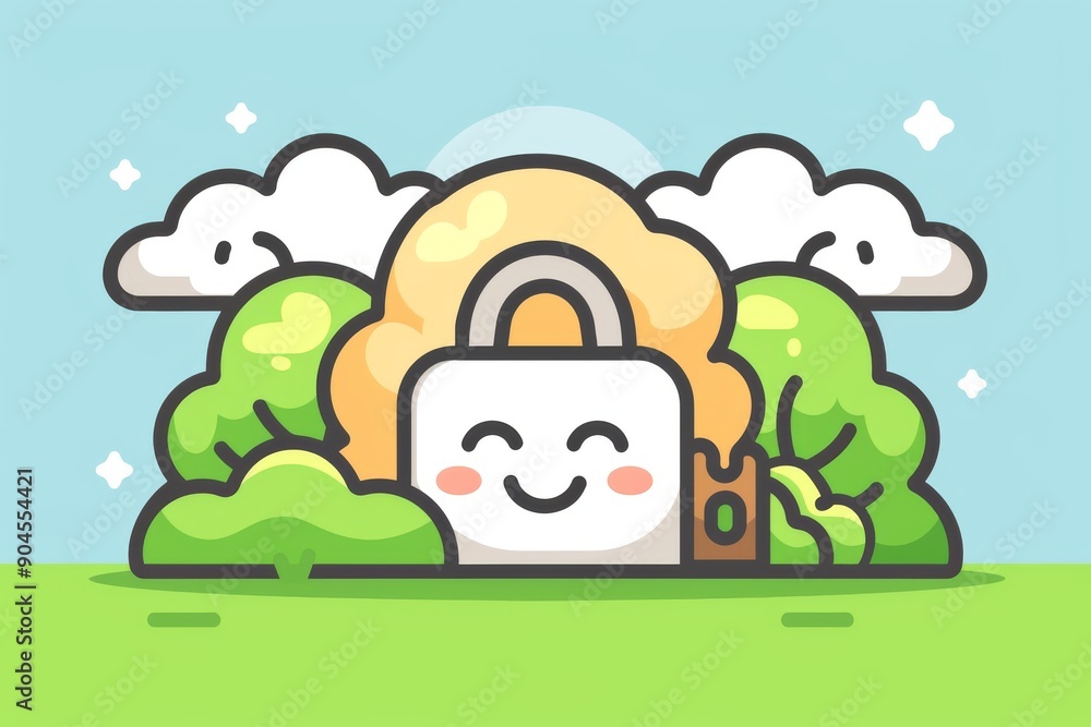 Poster cartoon cloud lock in a serene setting, merging cloud computing security with light-hearted visuals.