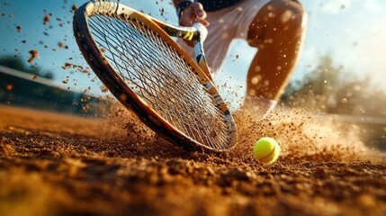 A close up of a tennis player sliding across a sunlit sand court, about to strike a forehand shot. The player is focused expression, the motion blur of their racket, and the flying sand particles