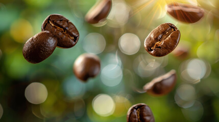 Obraz premium Coffee beans suspended in the air, surrounded by a softly blurred background for a visually striking image